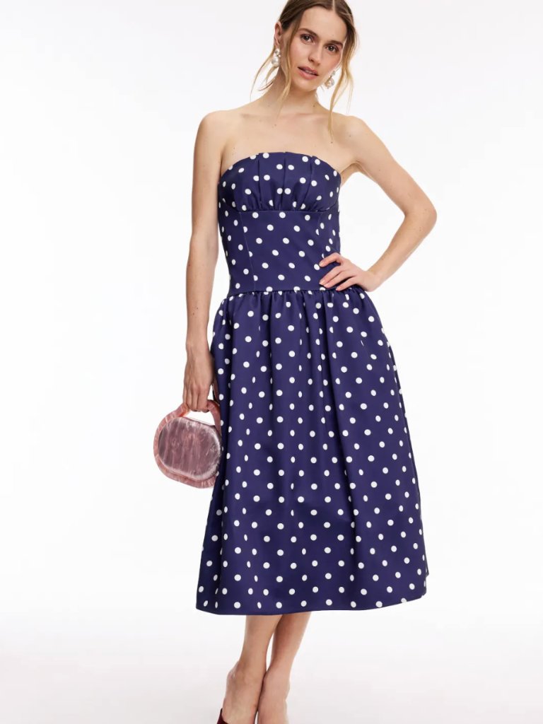 Self-Portrait Navy Blue Polka Dot Strapless Midi Dress